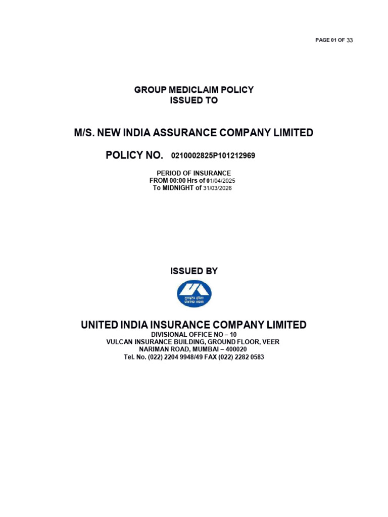 Group Mediclaim Policy for New India Employees | PDF | Insurance ...