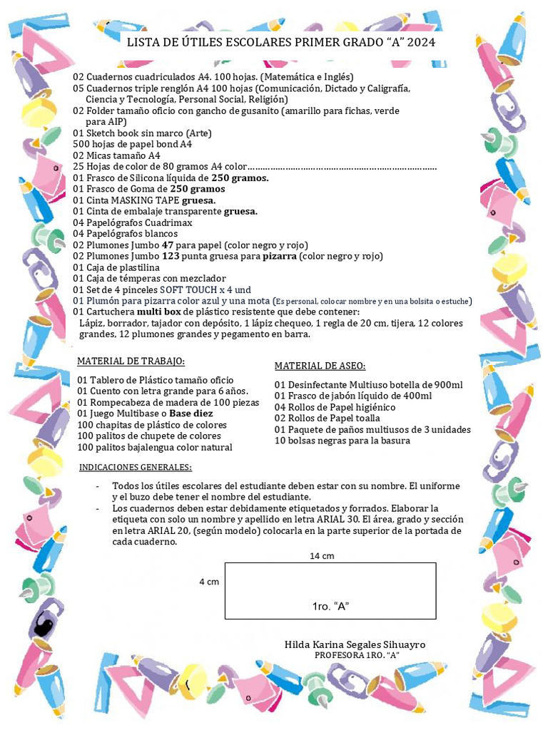 Lista de Útiles Primer Grado 2024 | PDF | Materiales de Conservación y ...