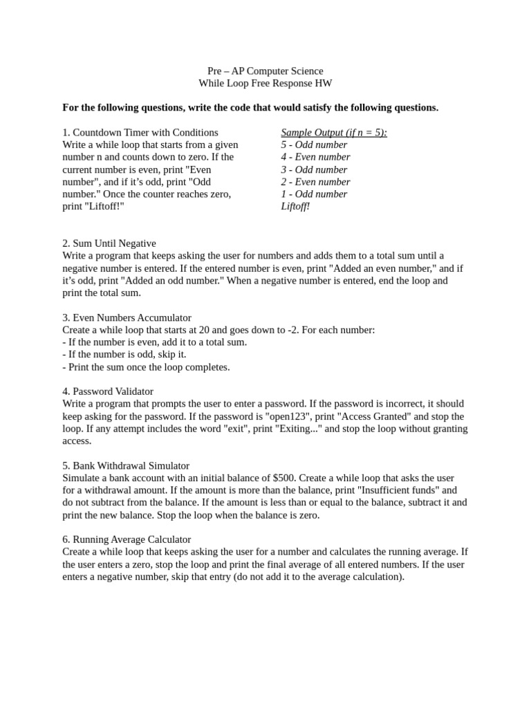 Pre-AP Computer Science While Loop Tasks | PDF