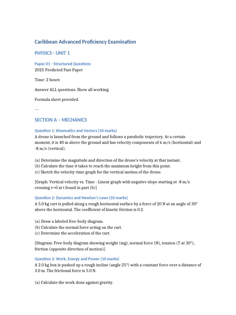 CAPE Physics Unit 1 Past Paper 2025 | PDF | Gases | Force