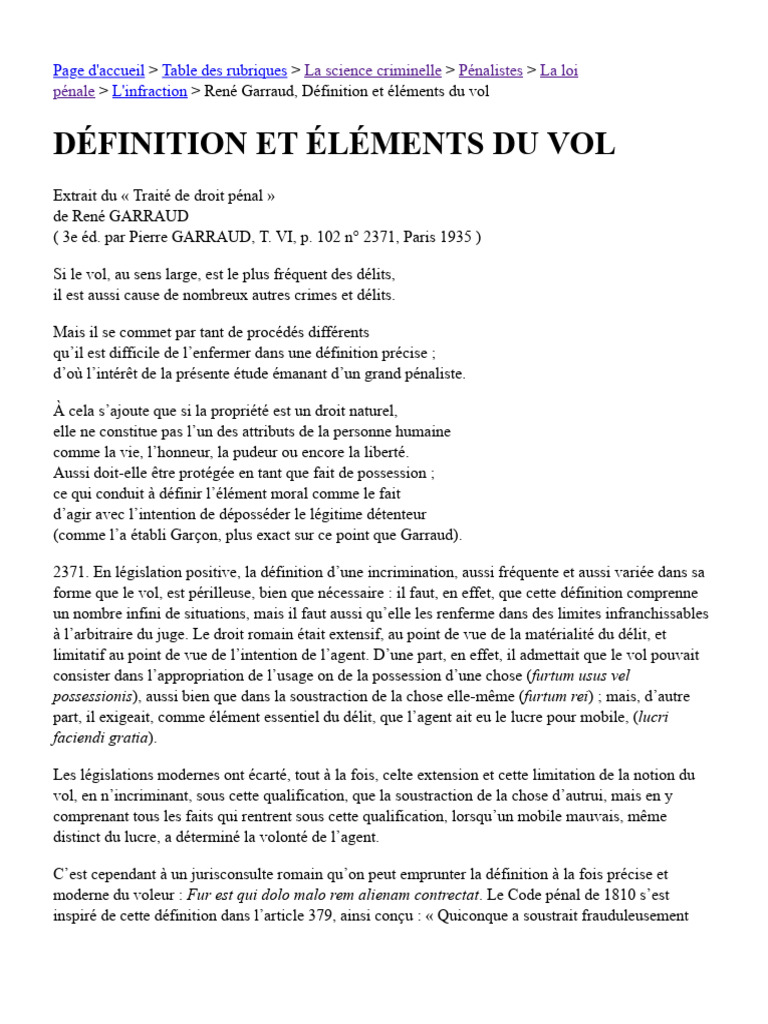 Définition du vol selon René Garraud | PDF | Débiteur | Trésor