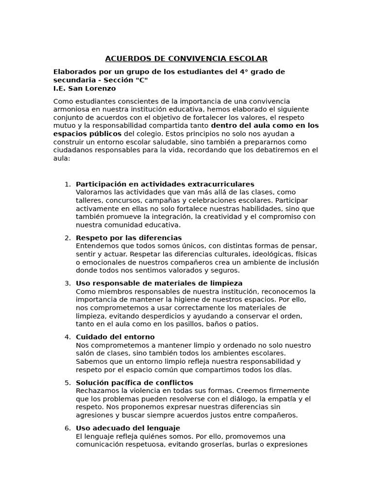 Acuerdos para Convivencia Escolar | PDF | Salón de clases | Enseñando