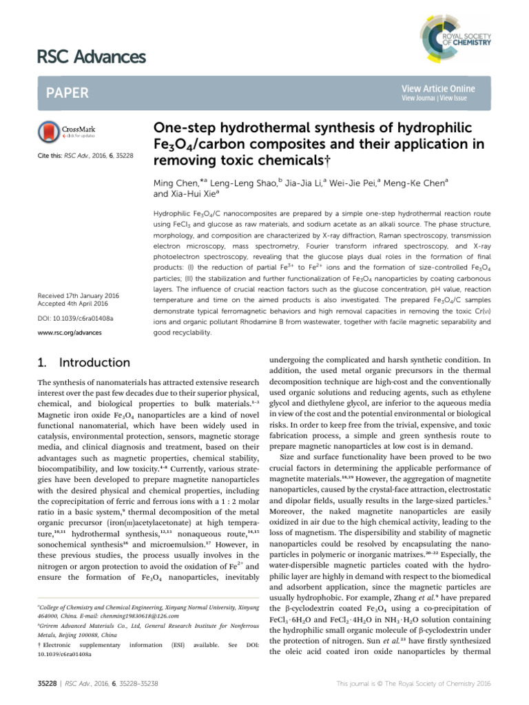 A - One-Step Hydrothermal Synthesis of Hydrophilic Fe3O4 - Carbon ...