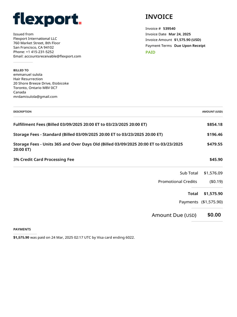 Flexport Invoice #539540 Summary | PDF