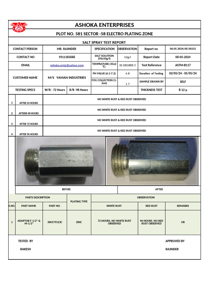 Salt Spray Test Report for Yaman Industries | PDF | Materials | Metallurgy