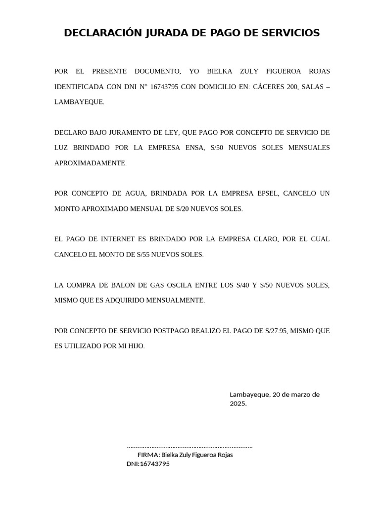 DECLARACIÓN JURADA DE PAGO DE SERVICIOS | PDF