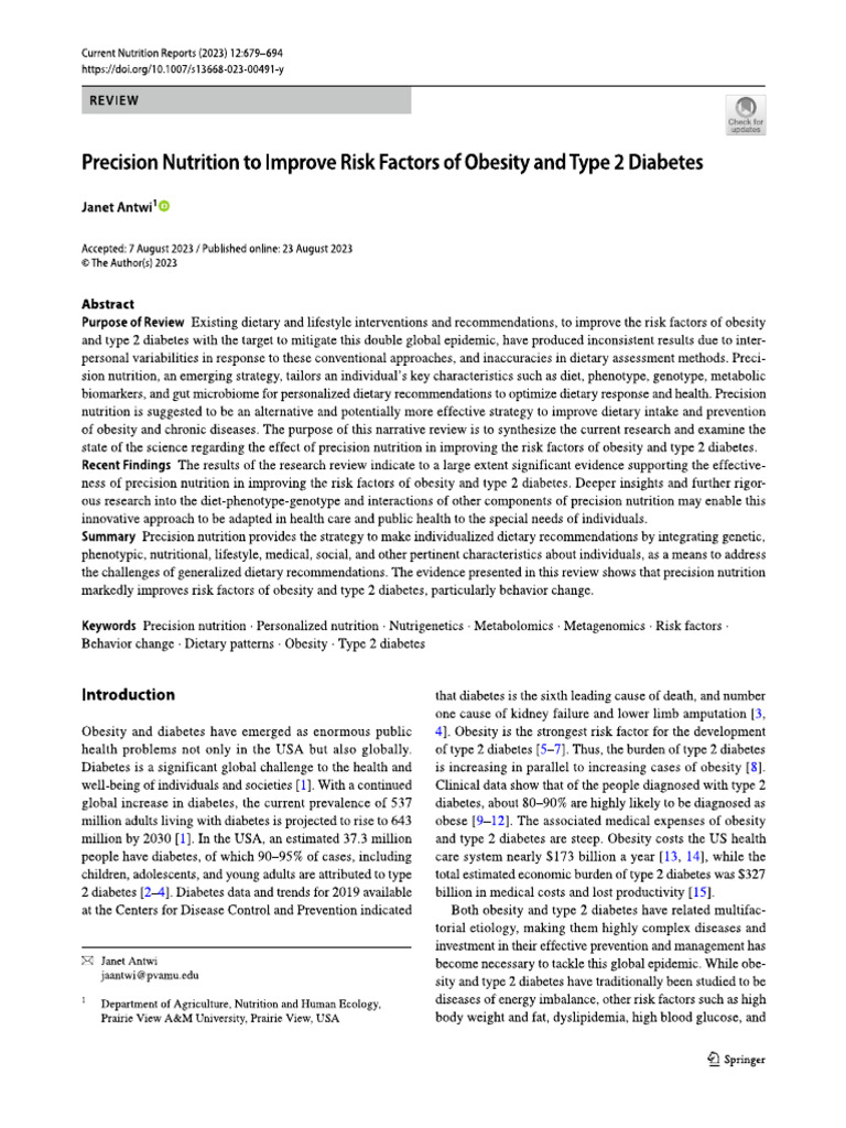 Precision Nutrition To Improve Risk Factors of Obesity and Tipe 2 ...