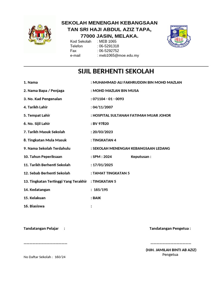 Sijil Berhenti Sekolah Ali | PDF