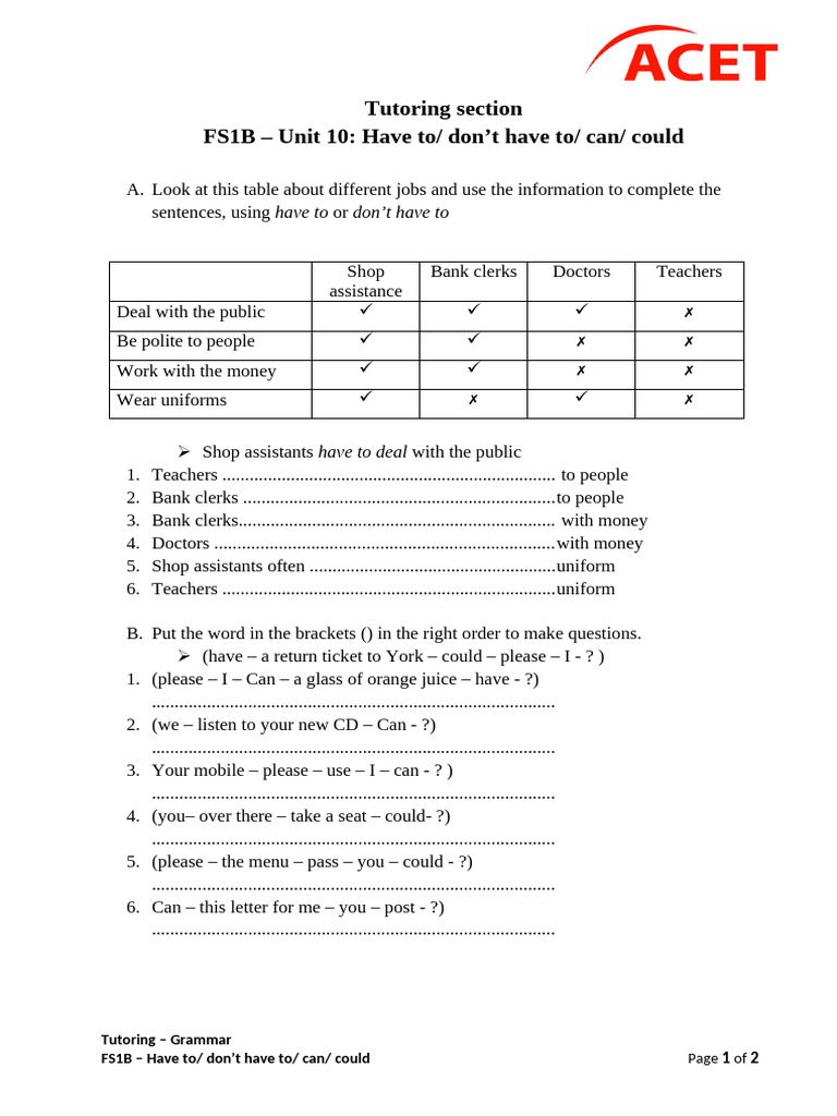 FS1B - Unit 10 - HAVE TO DONT HAVE TO CAN COULD | PDF | Linguistics