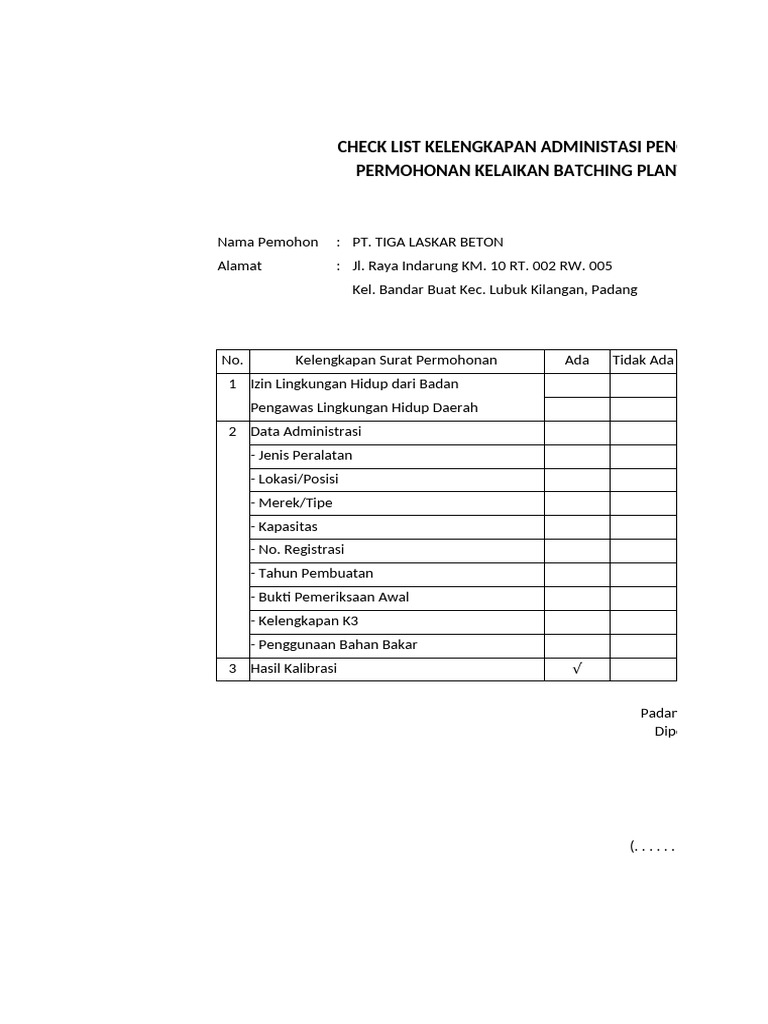 Checklist Permohonan Kelaihan Batching Plant | PDF