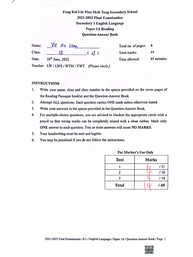 1 B25 Paper 1 AReading | PDF