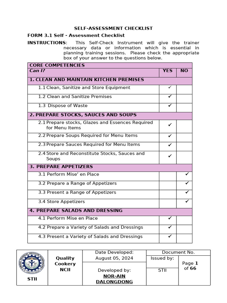 Kitchen Competency Self-Assessment Checklist | PDF | Cooking | Hors D ...