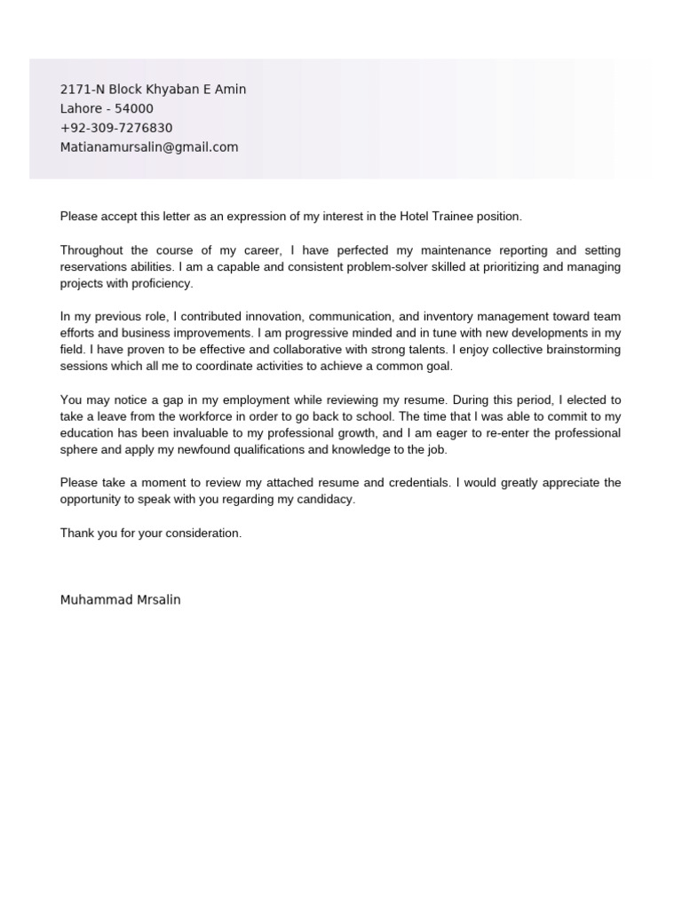 Hotel Trainee Position Application | PDF