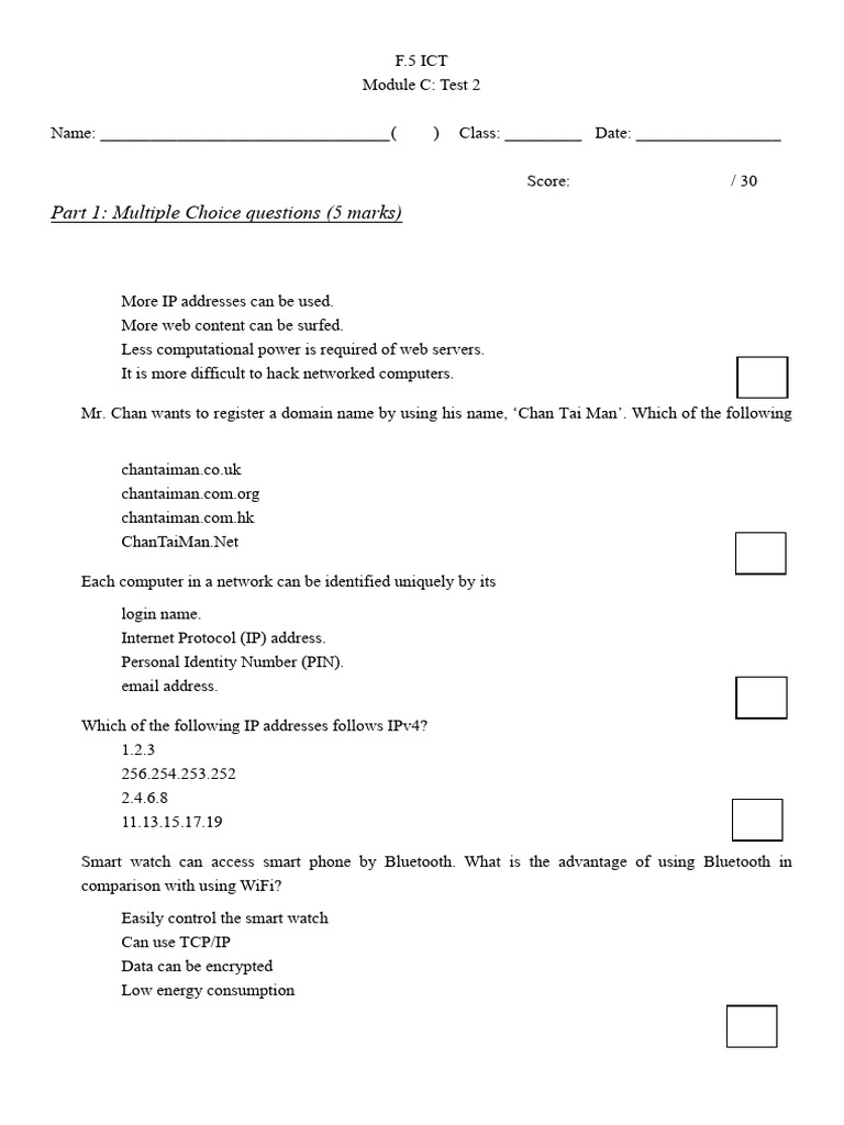 ICT Test 2: IP Addresses & Networking | PDF