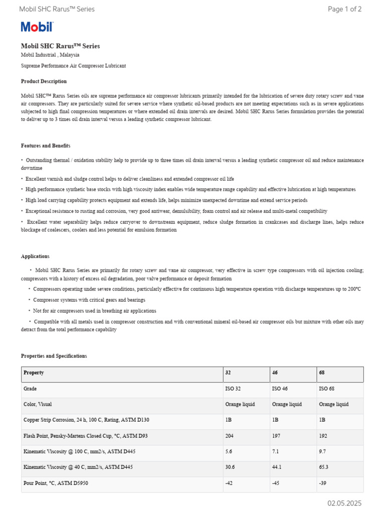 Mobil SHC Rarus Series Overview | PDF | Exxon Mobil | Lubricant