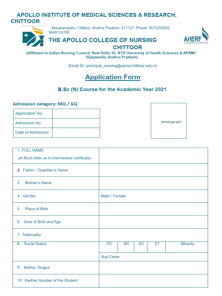 Apollo Nursing Admission Form 2021 | PDF