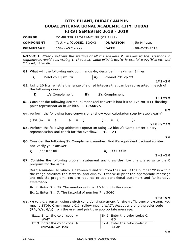 CS F111 Computer Programming Exam Papers | PDF | Integer (Computer ...