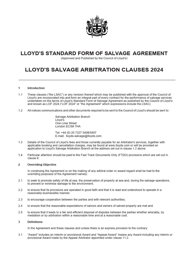 Lloyd's Salvage Agreement Clauses 2024 | PDF | Arbitral Tribunal ...