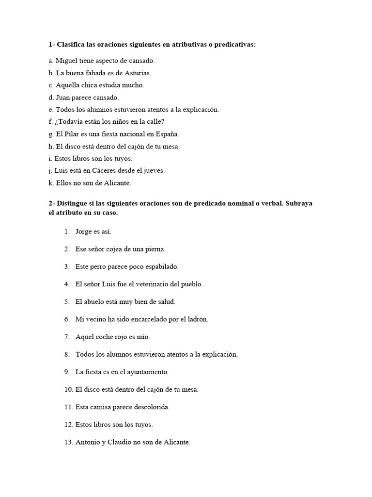 Ejercicios sobre Atributo en Oraciones | PDF