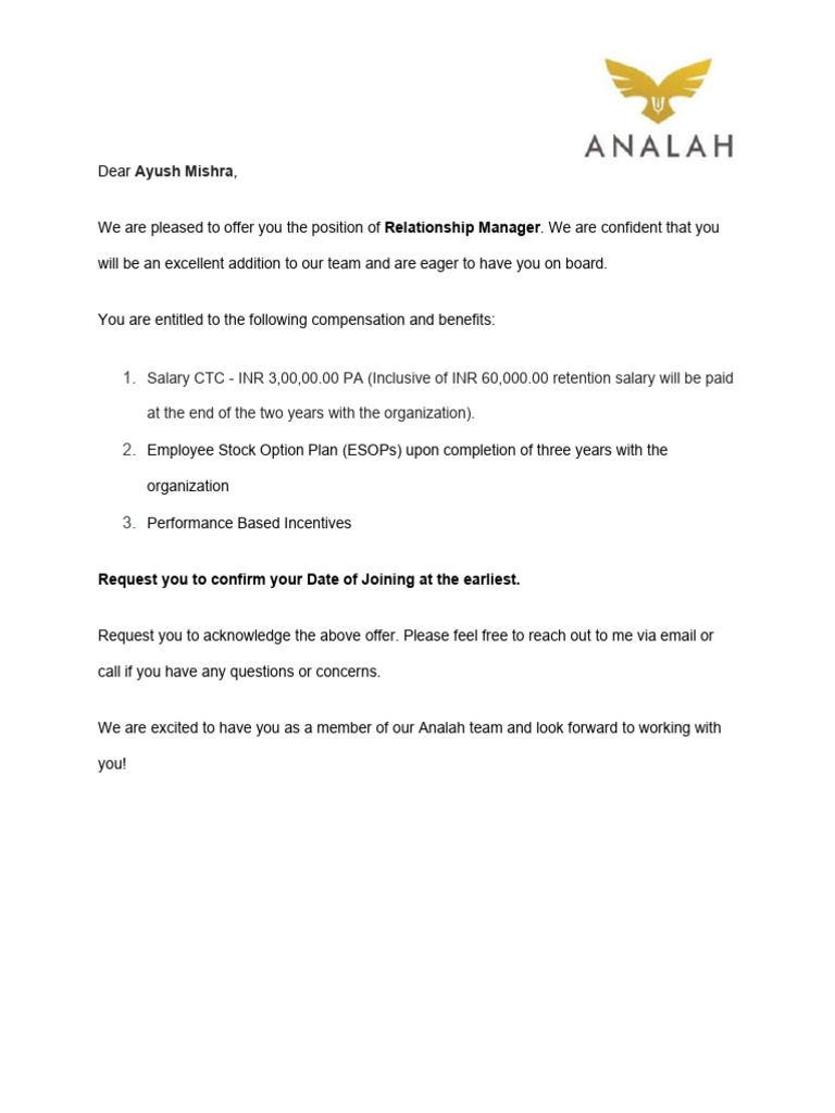 Job Offer for Relationship Manager | PDF
