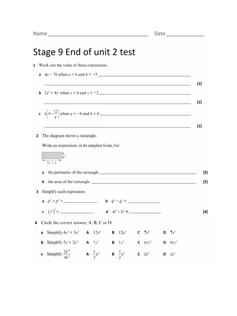 Year 9 Math End of Unit 2 Test | PDF