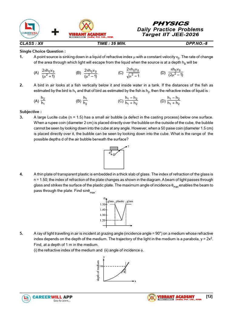 DPP 08 | PDF | Refraction | Refractive Index