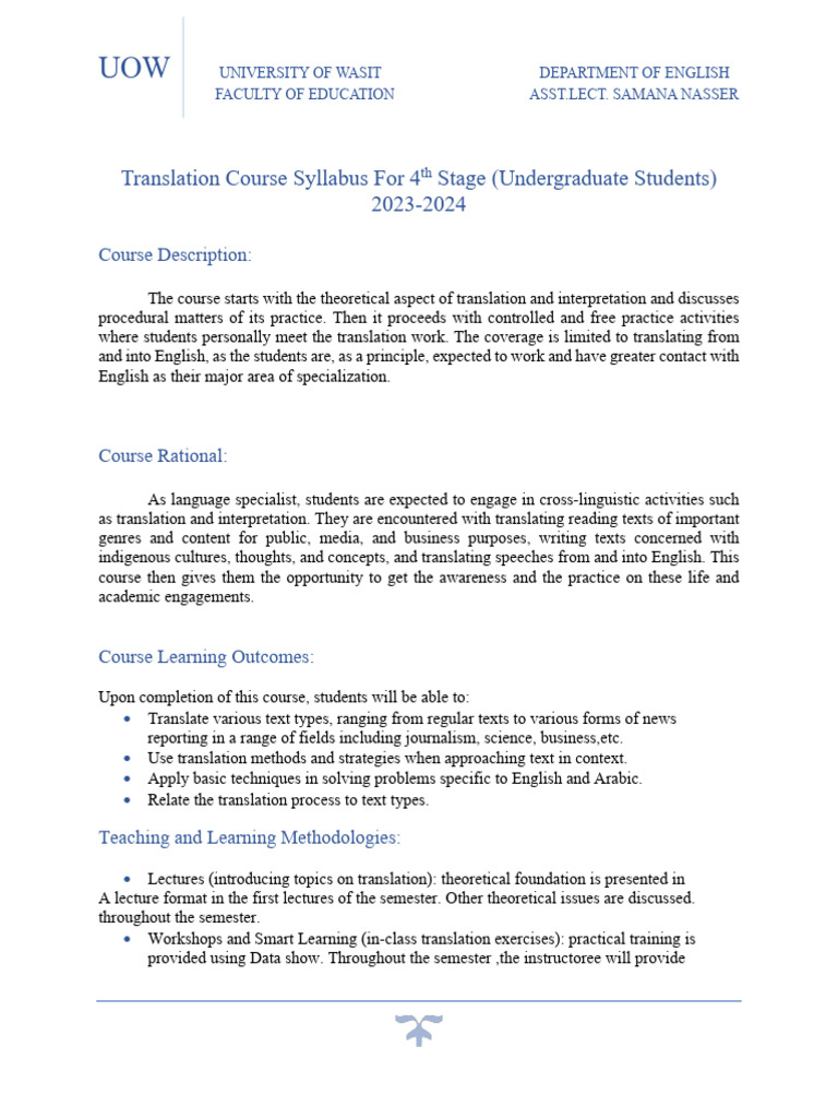 Translation Course Syllabus 2023-2024 | PDF | Translations | Lecture
