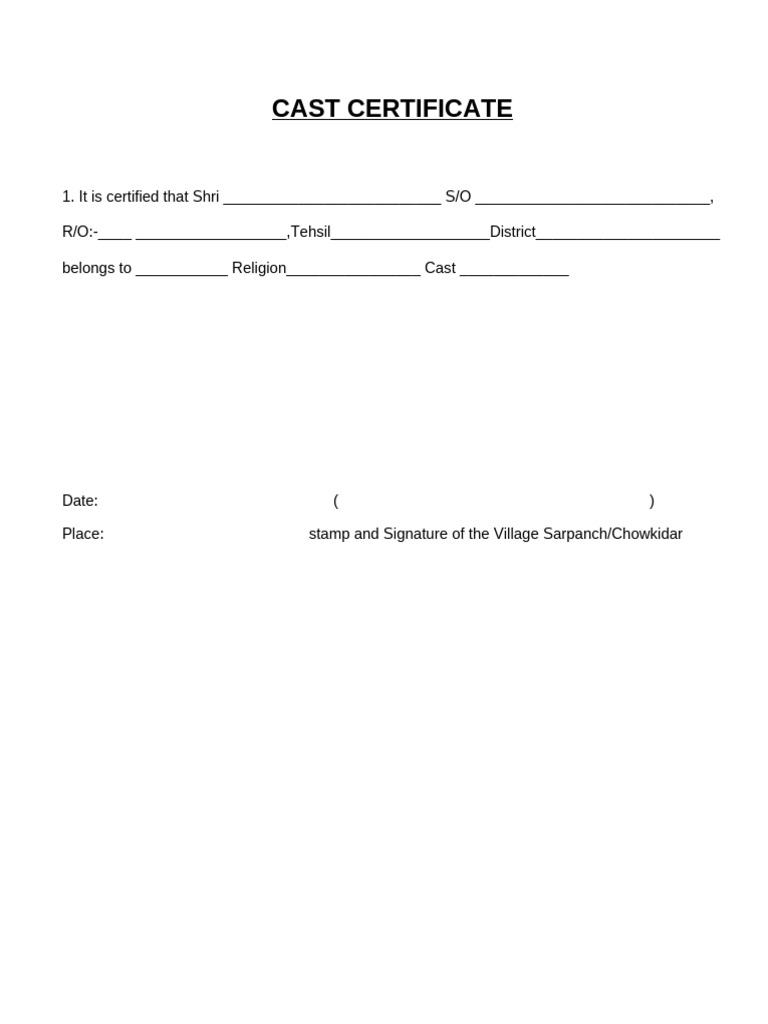 Caste Certificate Format Template | PDF
