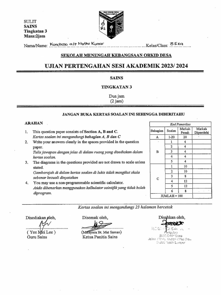 Science Form3 Half Year 2023-2024 | PDF