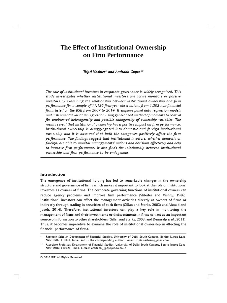 (2016) The Effect of Institutional Ownership On Firm Performance. | PDF ...