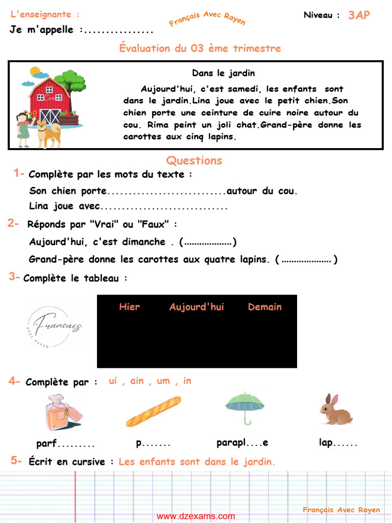 Évaluation de Français 3AP | PDF | Nourritures