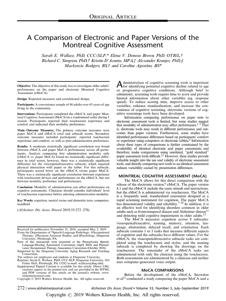 Comparing eMoCA and Paper MoCA Performance | PDF | Validity (Statistics ...