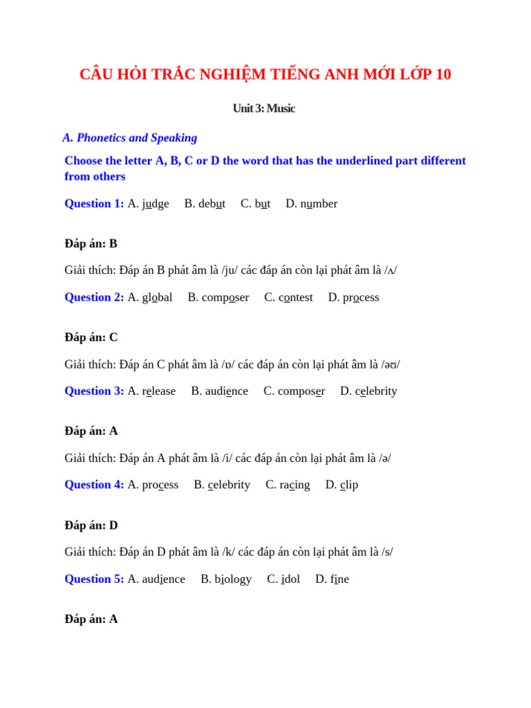 Trac Nghiem Tieng Anh 10 Moi Unit 3 Co Dap An Music | PDF