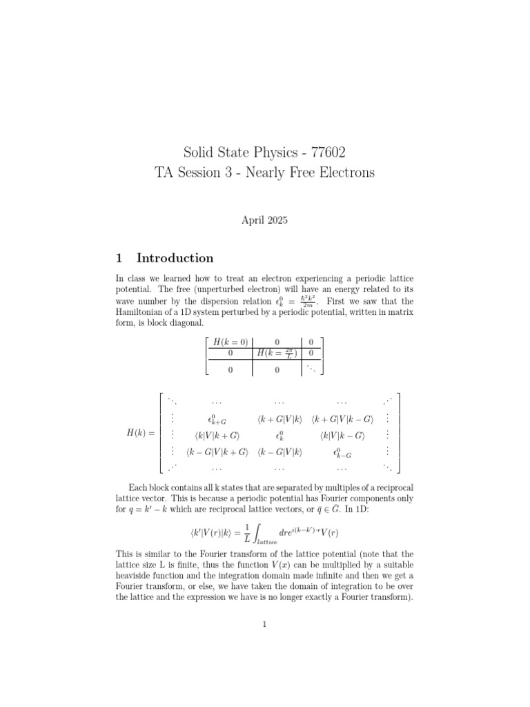 Nearly Free Electrons in Solid State Physics | PDF | Algebra | Quantum ...