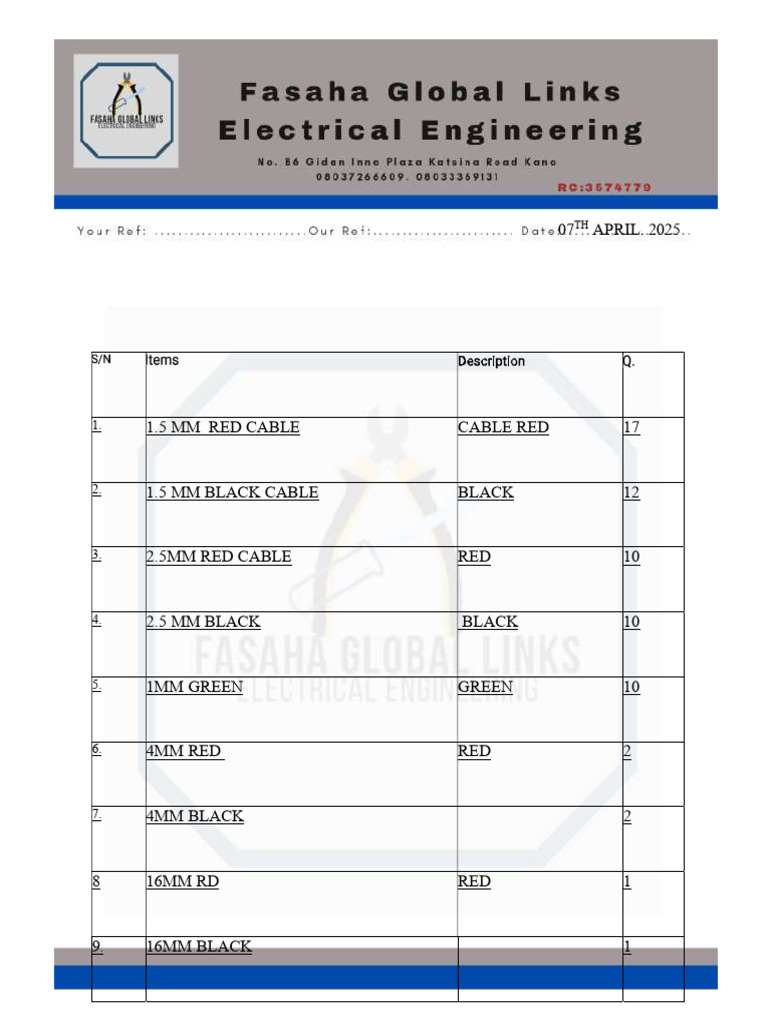 Electrical Cable Inventory List | PDF