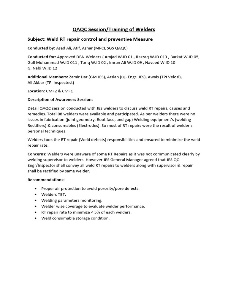 QAQC Session Regarding RT Repair For Welders | PDF