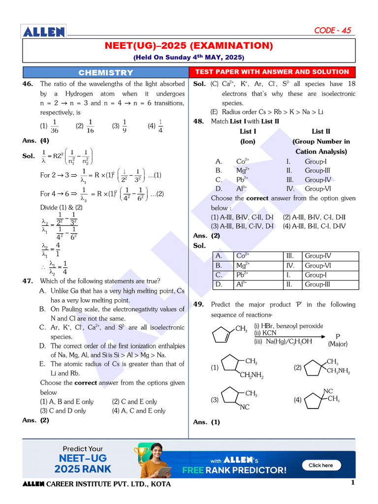 Chemistry Paper+With+Answer+&+Solution Code-45 | PDF | Standardized ...
