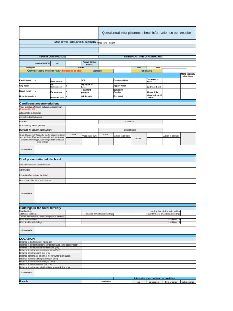 Hotel Information Questionnaire Template | PDF | Beach | Hotel
