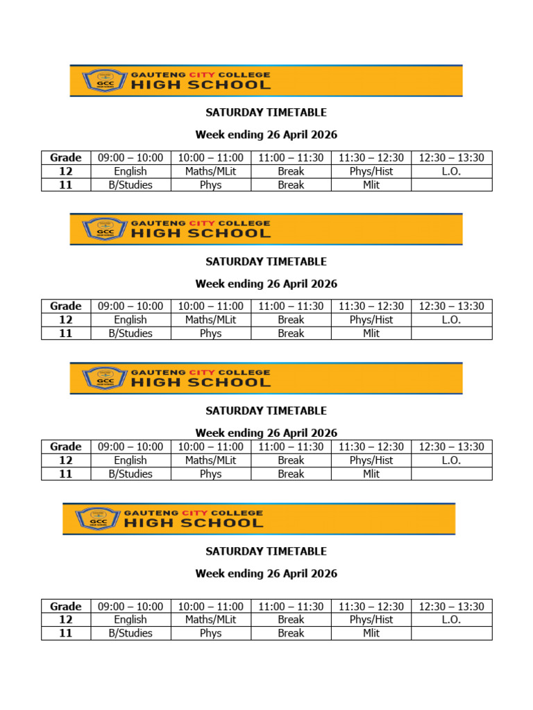 SATURDAY TIMETABLE | PDF