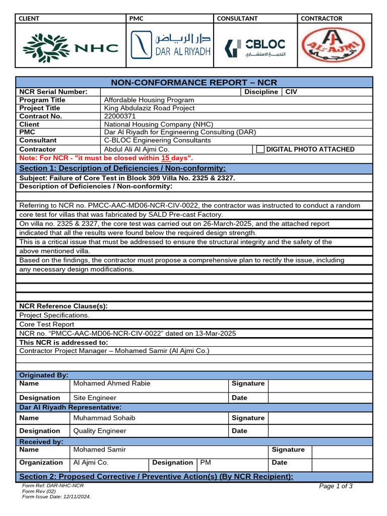 Non-Conformance Report for Core Test Failure | PDF