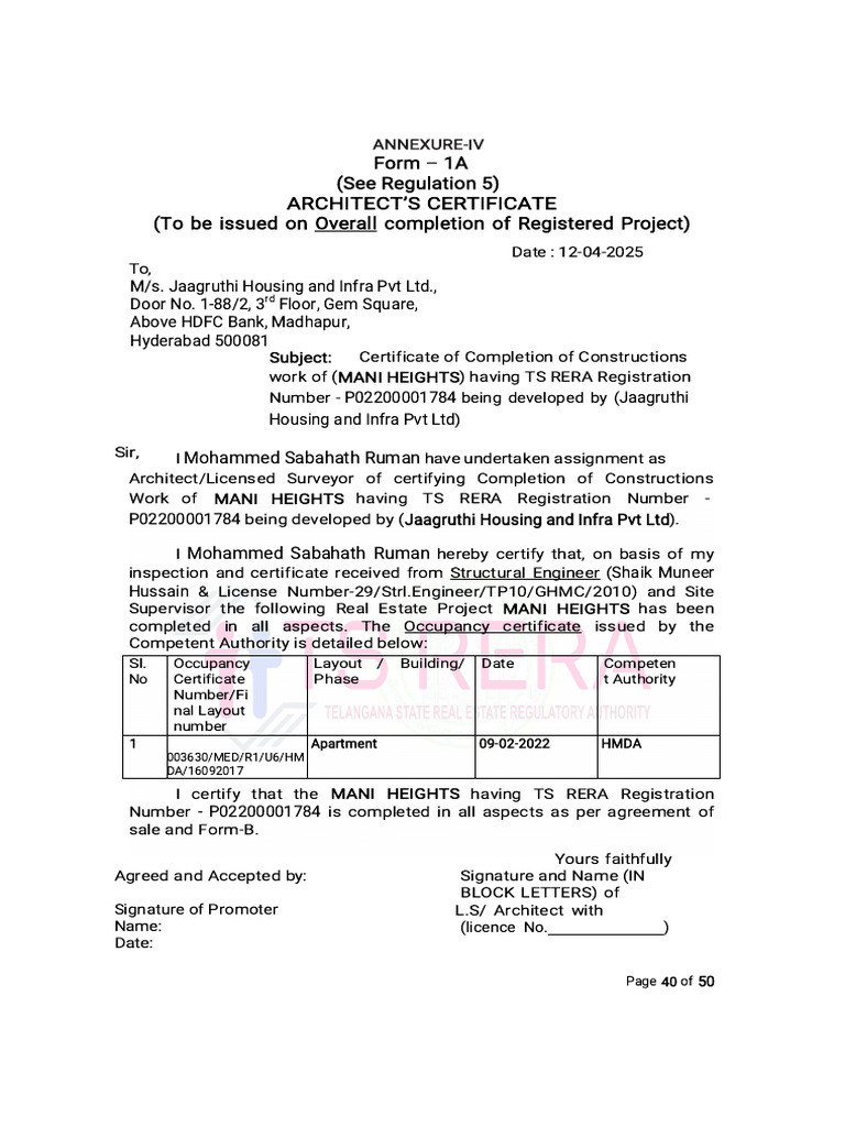 Completion Certificate for Mani Heights | PDF