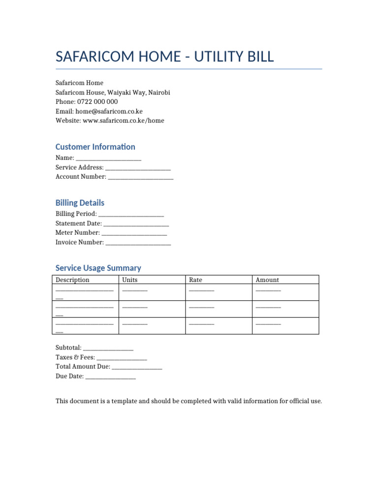 Safaricom Home Utility Bill Template | PDF