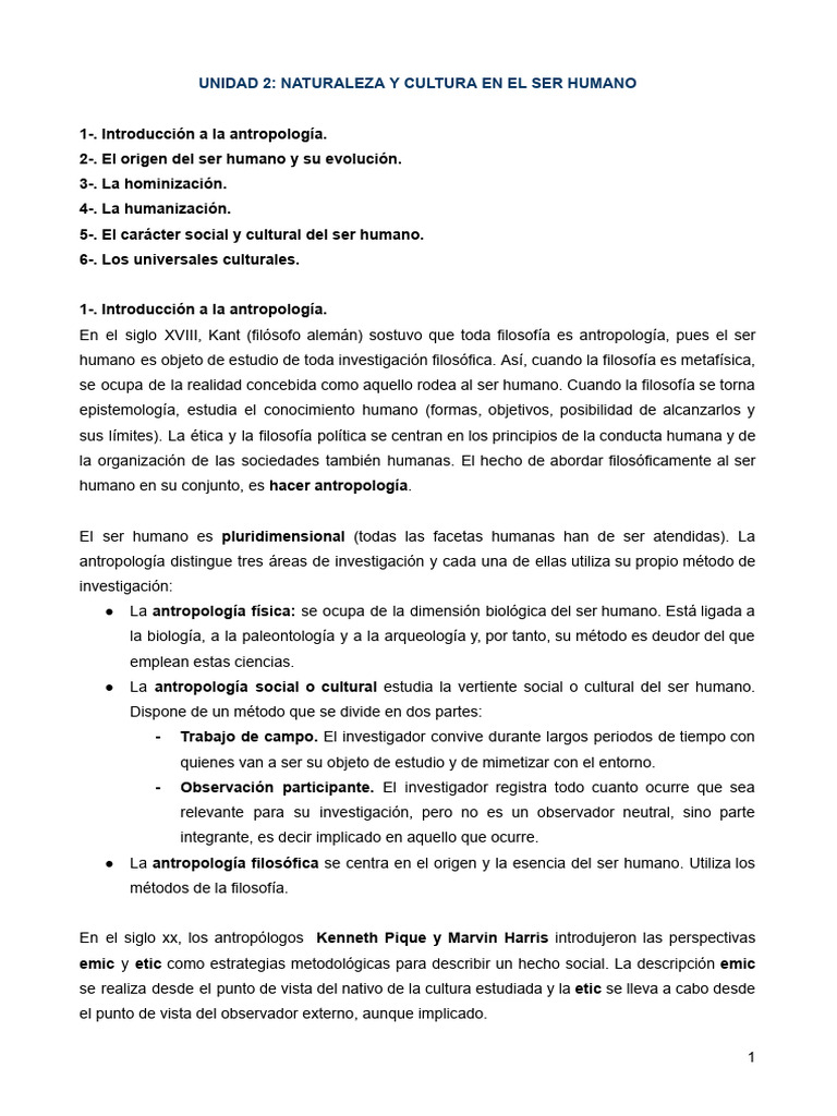 Unidad 2. Naturaleza y Cultura en El Ser Humano | PDF | Homo ...