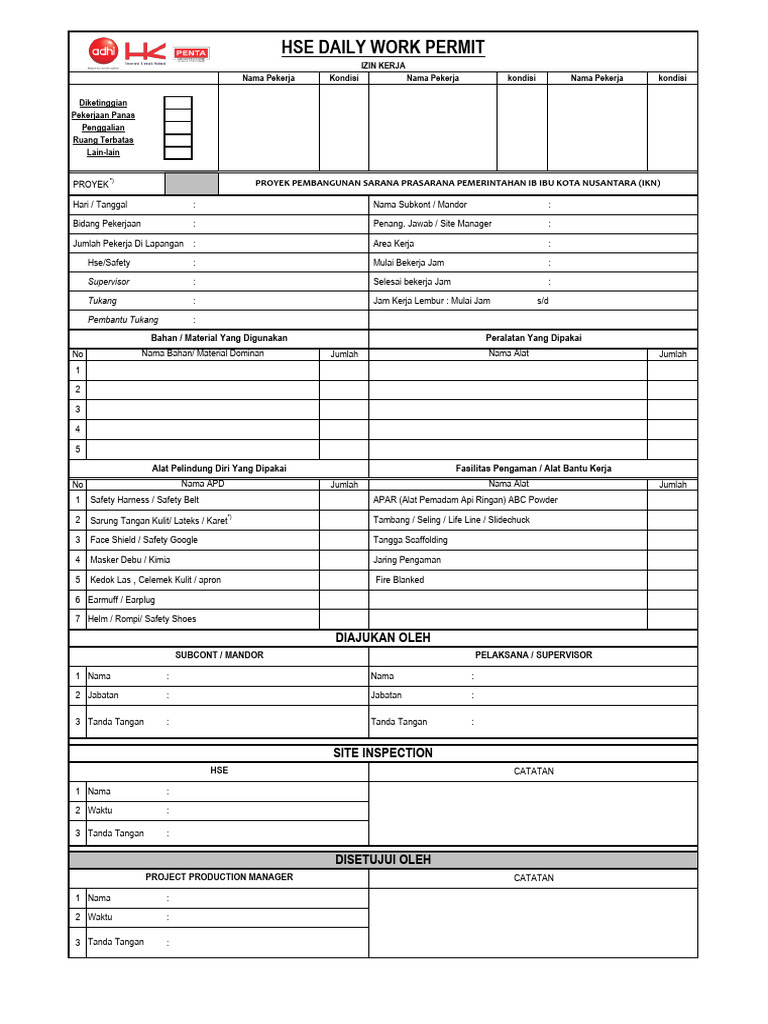 HSE Daily Work Permit Form Template | PDF