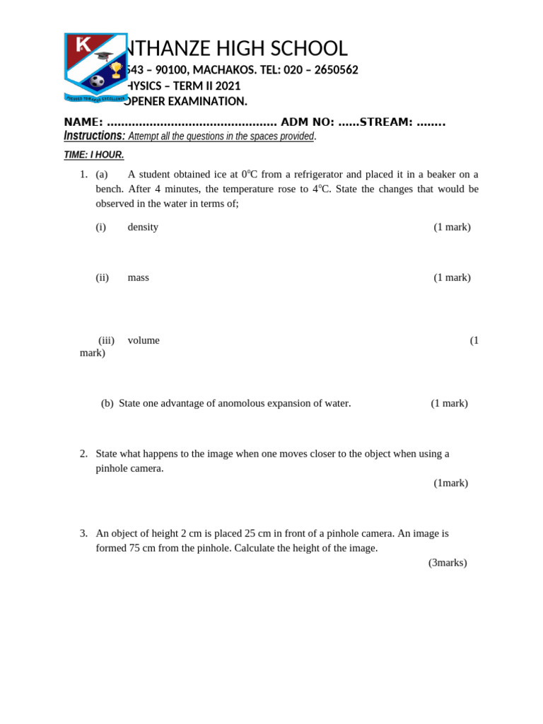 Form 2 Opener 2021 Term II | PDF | Gases | Density