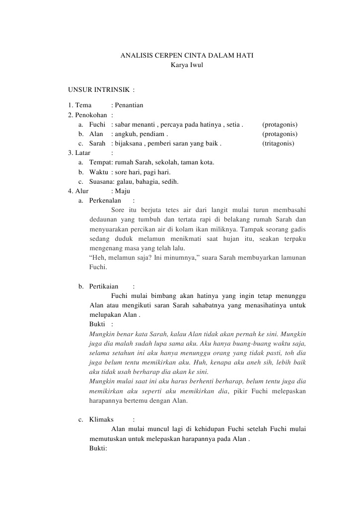 Analisis Cerpen Cinta Dalam Hati