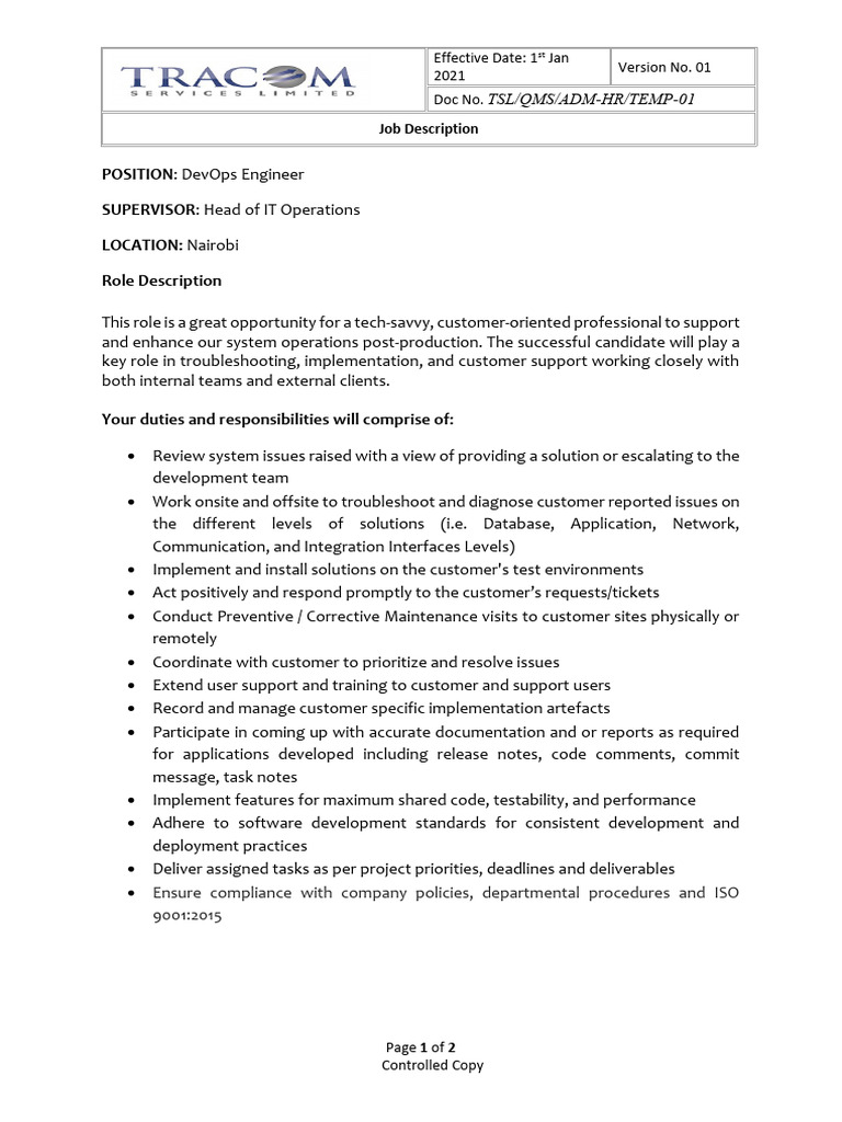 DevOps Engineer Job Description Nairobi | PDF | Software Development ...