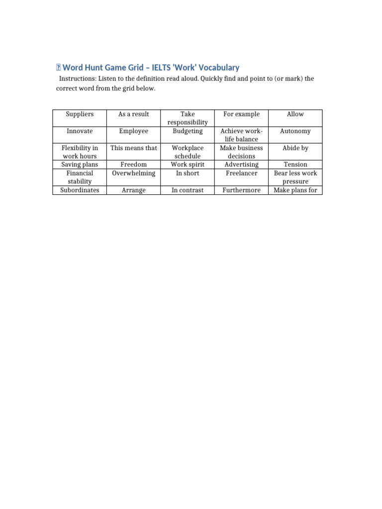 Word Hunt Grid Work Vocab | PDF