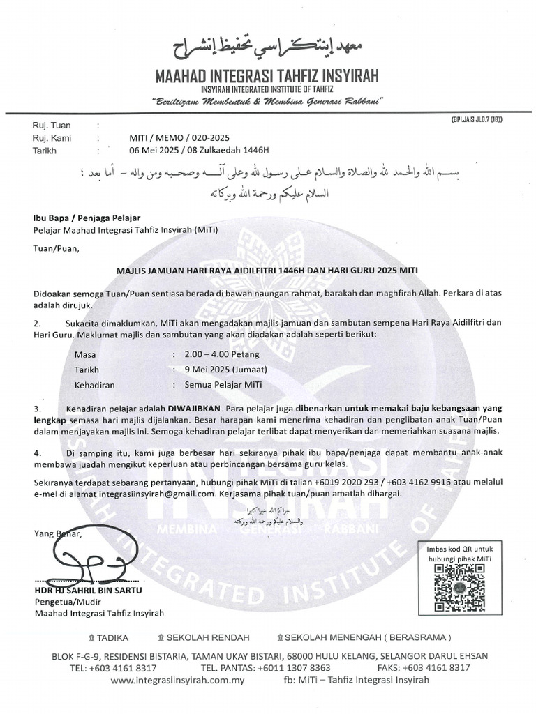 Memo 020 Jamuan Raya & Hari Guru 2025 | PDF