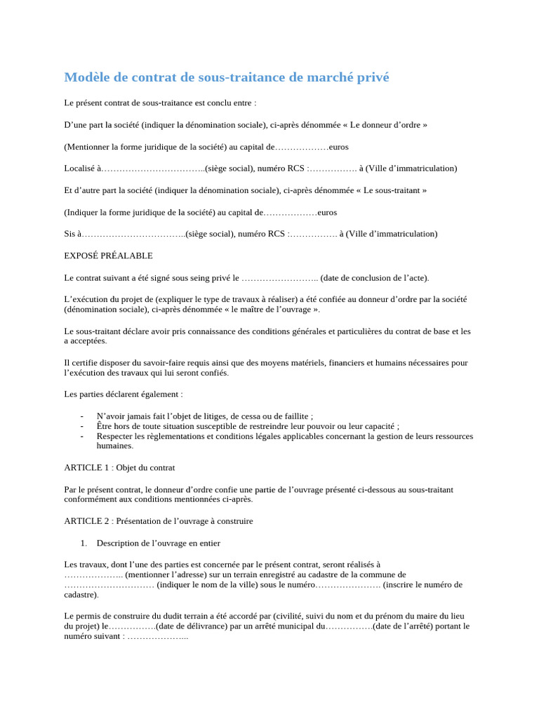 Modèle de contrat de sous-traitance privé | PDF | Taxe sur la valeur ...